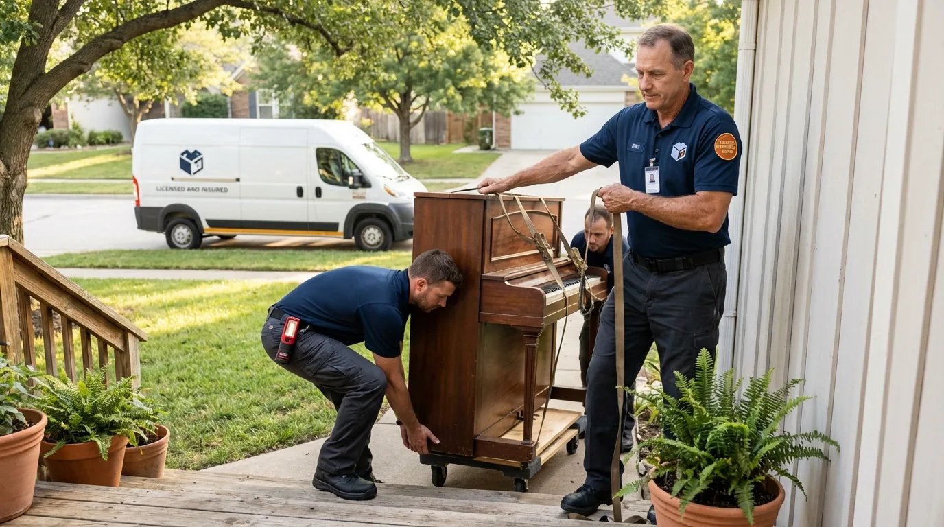 Licensed piano movers securing grand piano in Middletown, CT