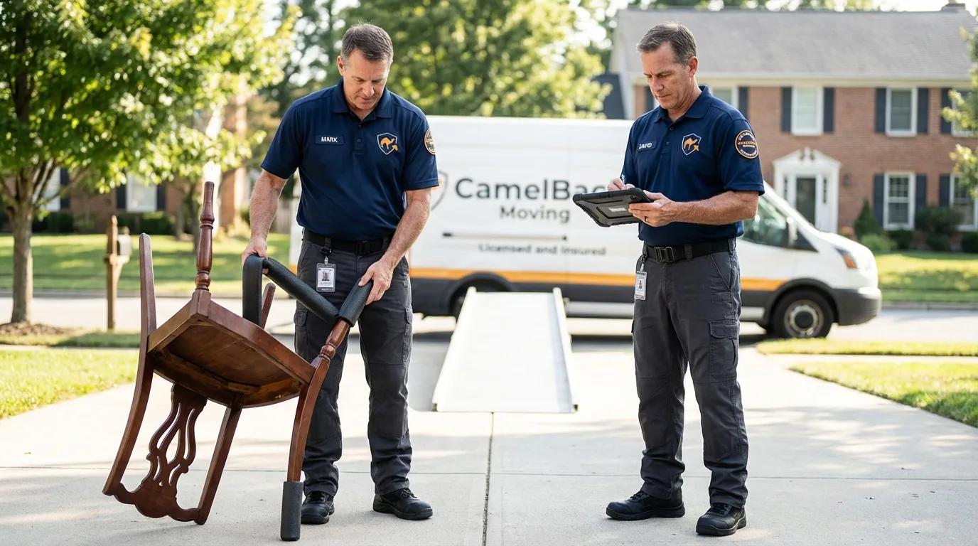 Movers inspecting furniture for damage prevention before loading in Middletown, CT